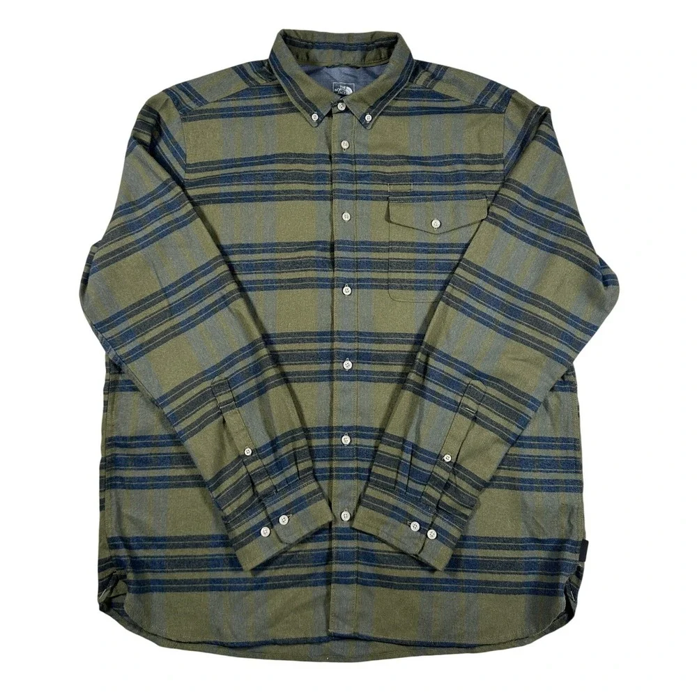 The North Face Mens XL Long Sleeve Plaid Flannel Button‎ Down Shirt Olive Green